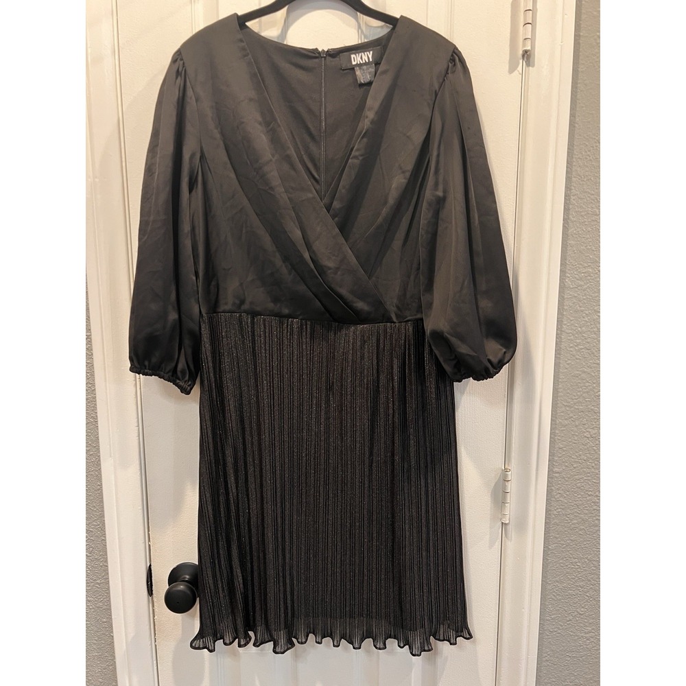 DKNY Black Pleated Faux Wrap Dress Size 14 Satin V-Neck Balloon 3/4 Sleeve LBD